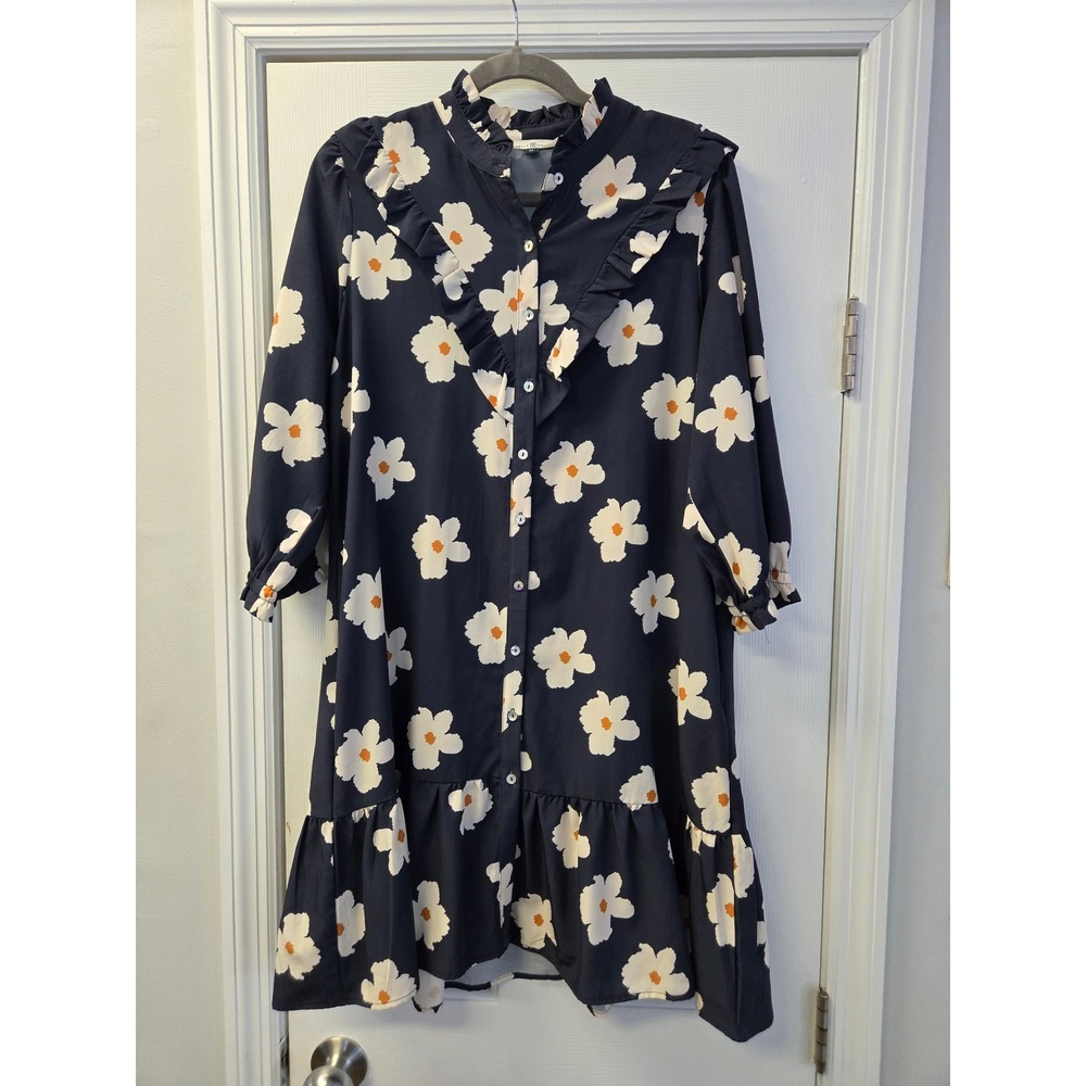 Michelle McDowell Navy Blue Floral Daisy Ruffle Tiered Shift Dress Womens Medium